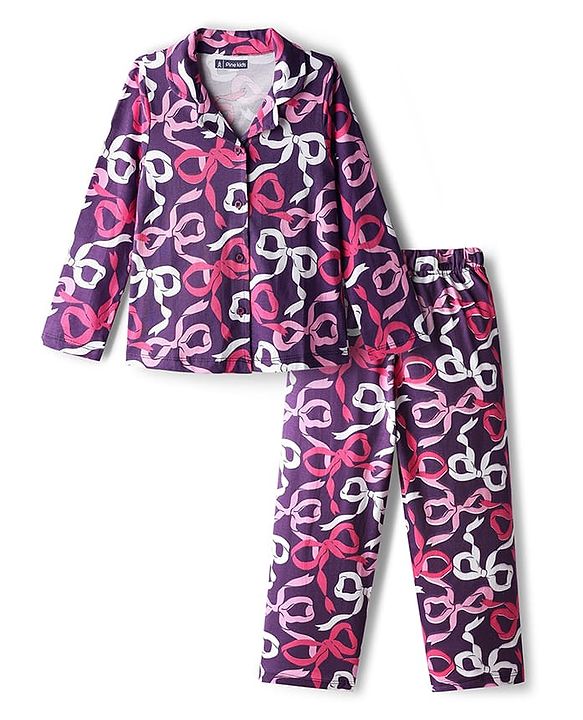 Pine Kids Cotton Knit Full Sleeves Co-Ord Night Suit With Bow Print - Purple