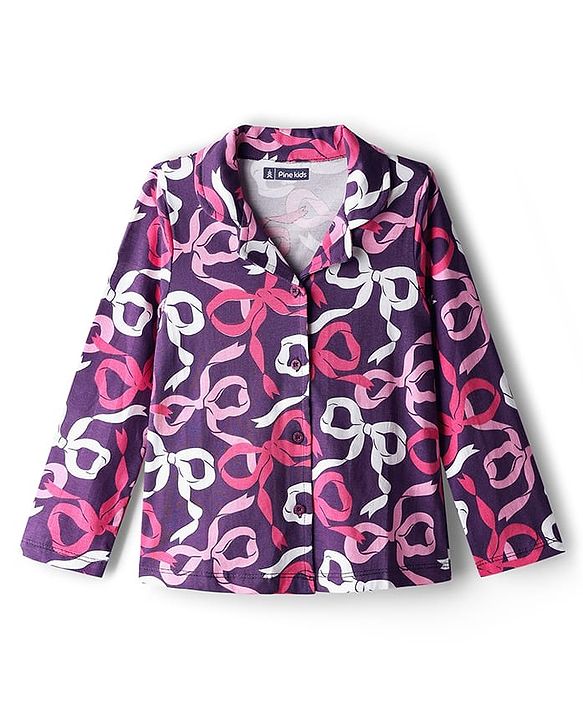 Pine Kids Cotton Knit Full Sleeves Co-Ord Night Suit With Bow Print - Purple