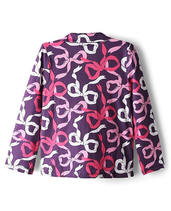 Pine Kids Cotton Knit Full Sleeves Co-Ord Night Suit With Bow Print - Purple
