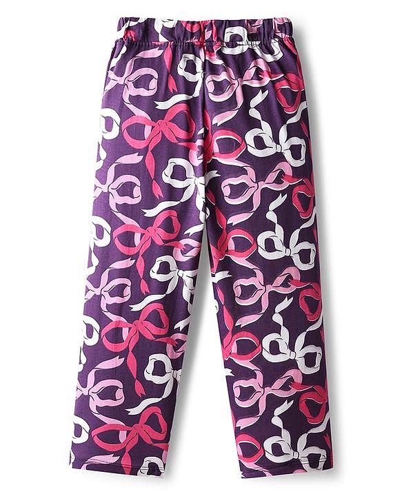 Pine Kids Cotton Knit Full Sleeves Co-Ord Night Suit With Bow Print - Purple