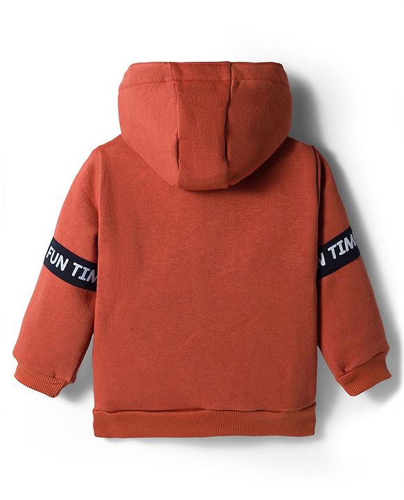 Babyhug Fleece Knit Full Sleeves Hooded Sweatjacket With Fun Time Patch & Kangaroo Pockets - Brown