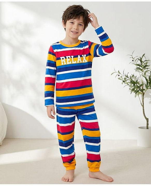 Pine Kids Cotton Knit Full Sleeves Co-ord Night Suit with Text Print - Multicolor