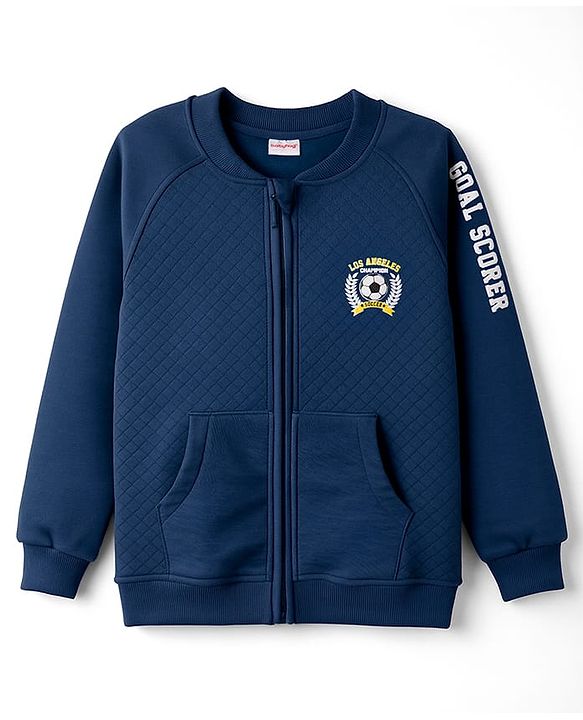 Babyhug Fleece Knit Full Raglan Sleeves Sweatjacket With Football HD Print & Kangaroo Pockets - Navy Blue