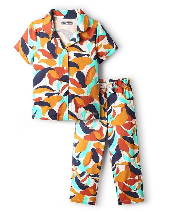 Pine Kids Cotton Knit Half Sleeves Co-Ord Night Suit With Abstract Print - White