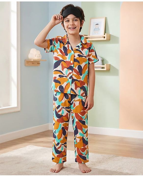 Pine Kids Cotton Knit Half Sleeves Co-Ord Night Suit With Abstract Print - White