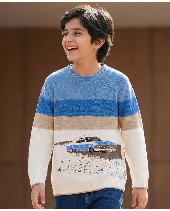 Pine Kids Knit Full Sleeves Pullover Sweater with Color Block & Car Design - Multicolor