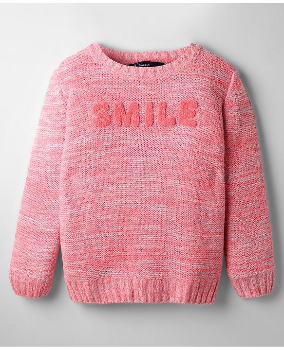 Pine Kids Knit Full Sleeves Pullover Sweater with Smile Embroidery - Pink
