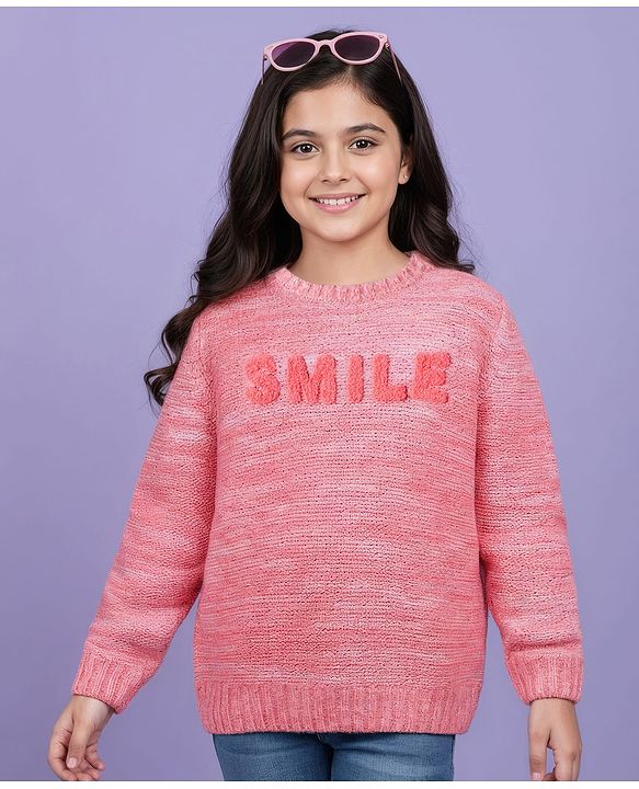 Pine Kids Knit Full Sleeves Pullover Sweater with Smile Embroidery - Pink