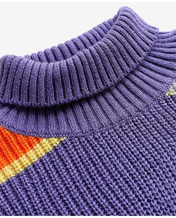 Pine Kids Knit Full Drop Shoulder Sleeves Turtle Neck Pullover Sweater with Color Block Design - Purple & Orange