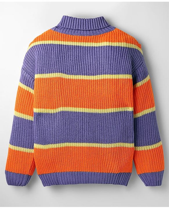 Pine Kids Knit Full Drop Shoulder Sleeves Turtle Neck Pullover Sweater with Color Block Design - Purple & Orange