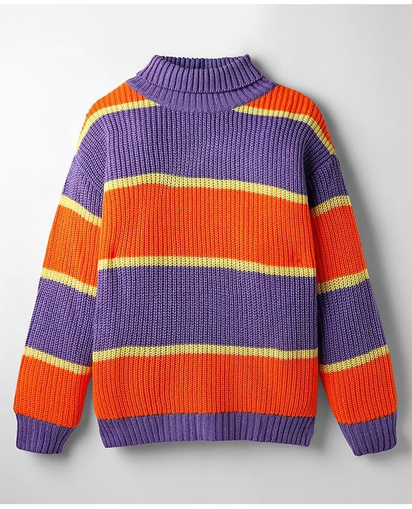 Pine Kids Knit Full Drop Shoulder Sleeves Turtle Neck Pullover Sweater with Color Block Design - Purple & Orange