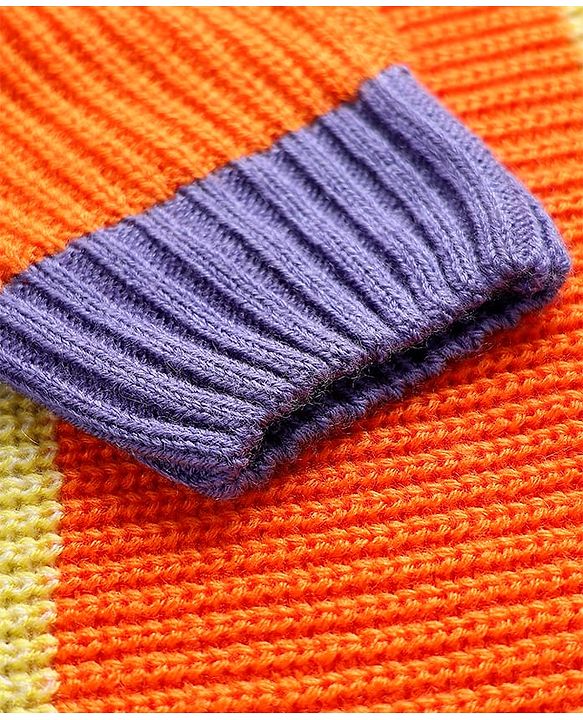 Pine Kids Knit Full Drop Shoulder Sleeves Turtle Neck Pullover Sweater with Color Block Design - Purple & Orange