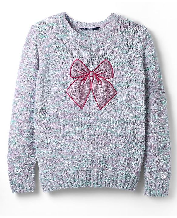 Pine Kids Knit Full Sleeves Pullover Sweater with Glittery Bow Design - Silver Pink & Sea Green