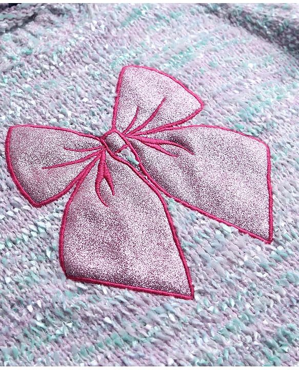 Pine Kids Knit Full Sleeves Pullover Sweater with Glittery Bow Design - Silver Pink & Sea Green