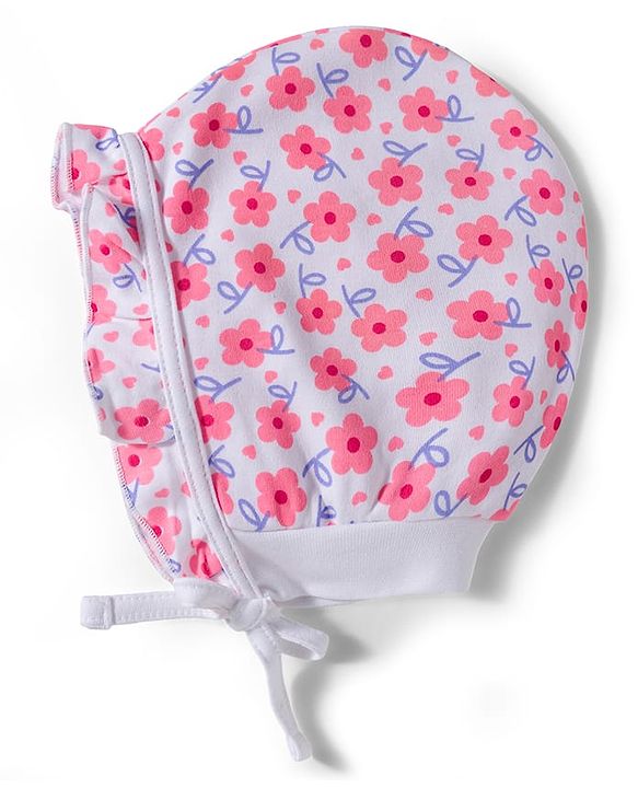 Babyhug 100% Cotton Bonnet Cap with Floral Print & Frill Detailing Pack of 2 Purple & Lilac - Diameter 16.50 cm