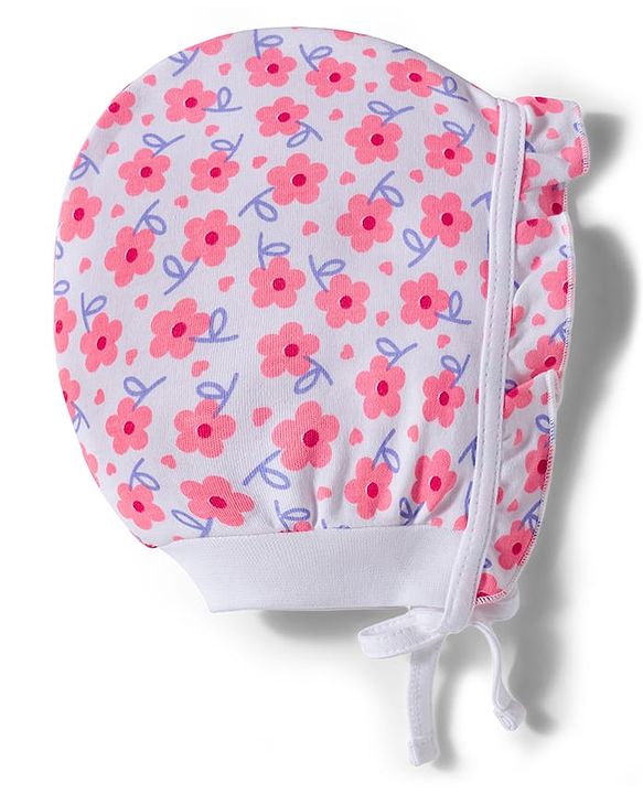 Babyhug 100% Cotton Bonnet Cap with Floral Print & Frill Detailing Pack of 2 Purple & Lilac - Diameter 16.50 cm
