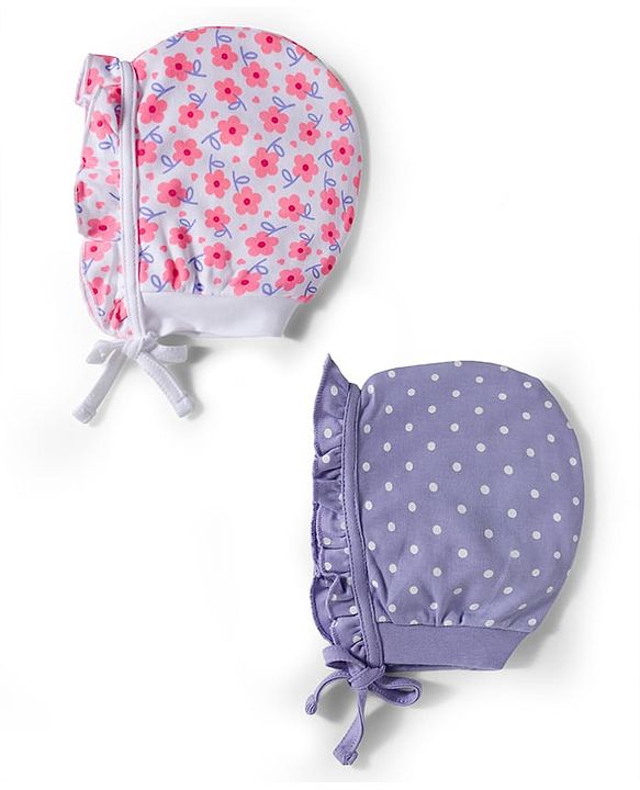 Babyhug 100% Cotton Bonnet Cap with Floral Print & Frill Detailing Pack of 2 Purple & Lilac - Diameter 16.50 cm