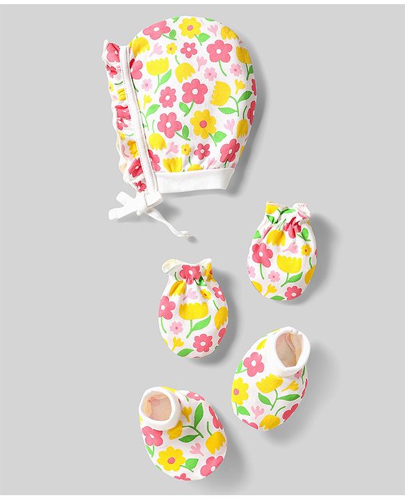 Babyhug 100% Cotton Knit Cap Mittens & Booties Set with Floral Print White - Circumference 29 cm