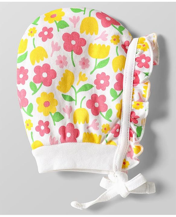 Babyhug 100% Cotton Knit Cap Mittens & Booties Set with Floral Print White - Circumference 29 cm
