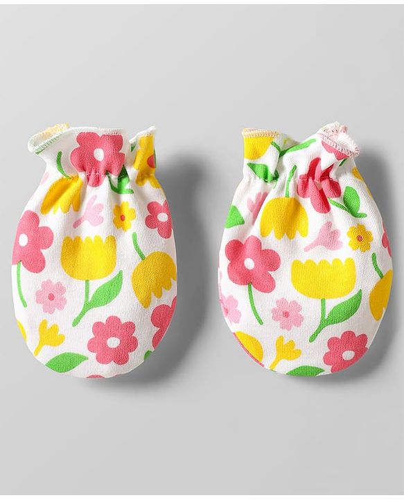 Babyhug 100% Cotton Knit Cap Mittens & Booties Set with Floral Print White - Circumference 29 cm