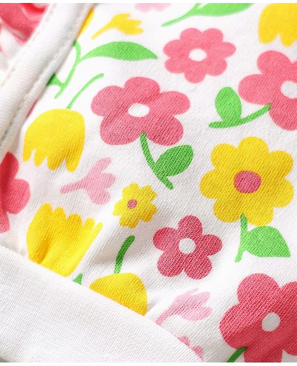 Babyhug 100% Cotton Knit Cap Mittens & Booties Set with Floral Print White - Circumference 29 cm