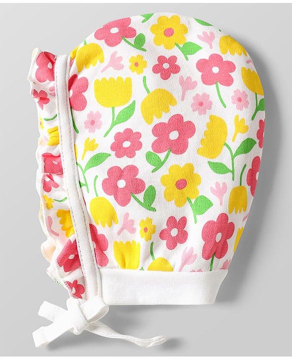 Babyhug 100% Cotton Knit Cap Mittens & Booties Set with Floral Print White - Circumference 29 cm