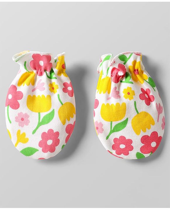 Babyhug 100% Cotton Knit Cap Mittens & Booties Set with Floral Print White - Circumference 29 cm