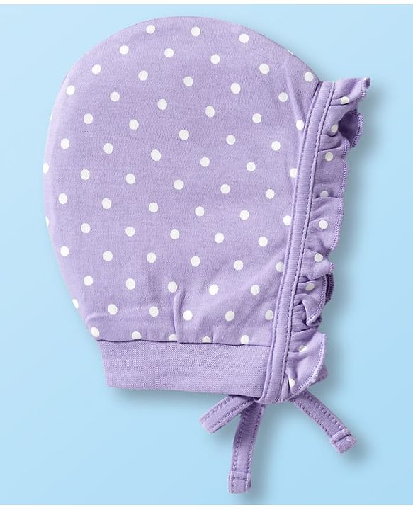 Babyhug 100% Cotton Bonnet Cap with Floral Print & Polka Dot Pack of 2 White & Purple - Diameter 14 cm