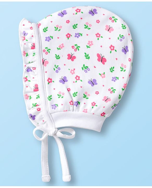 Babyhug 100% Cotton Bonnet Cap with Floral Print & Polka Dot Pack of 2 White & Purple - Diameter 14 cm