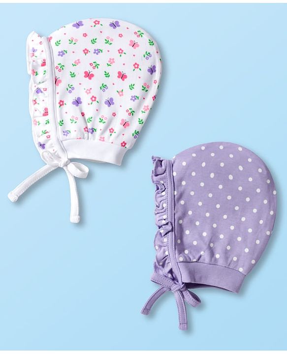 Babyhug 100% Cotton Bonnet Cap with Floral Print & Polka Dot Pack of 2 White & Purple - Diameter 14 cm