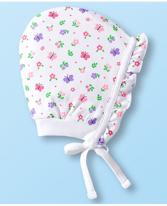 Babyhug 100% Cotton Bonnet Cap with Floral Print & Polka Dot Pack of 2 White & Purple - Diameter 14 cm