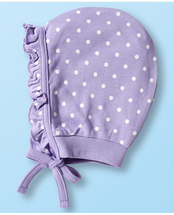 Babyhug 100% Cotton Bonnet Cap with Floral Print & Polka Dot Pack of 2 White & Purple - Diameter 14 cm
