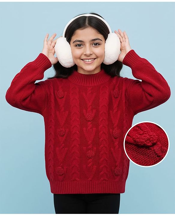 Pine Kids Knit Full Drop Shoulder Sleeves Turtle Neck Pullover Sweater with Cable Knit Design - Red