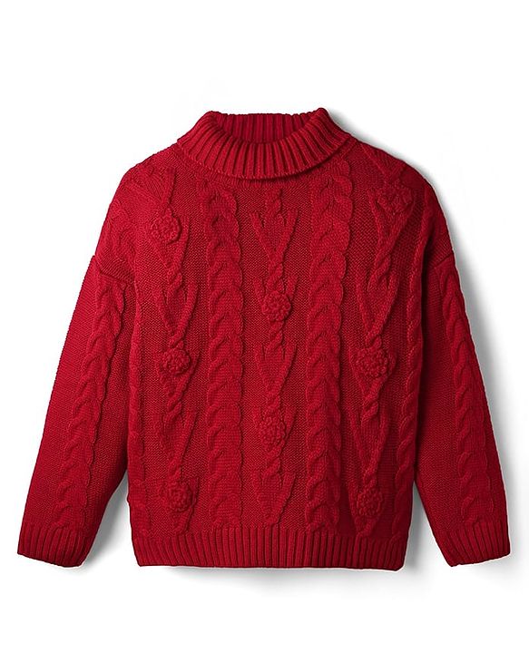 Pine Kids Knit Full Drop Shoulder Sleeves Turtle Neck Pullover Sweater with Cable Knit Design - Red