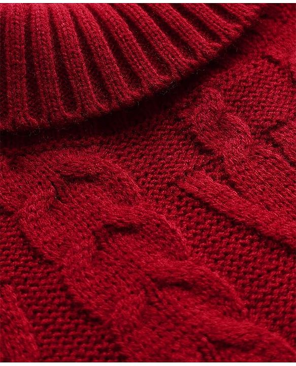 Pine Kids Knit Full Drop Shoulder Sleeves Turtle Neck Pullover Sweater with Cable Knit Design - Red