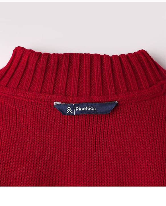 Pine Kids Knit Full Drop Shoulder Sleeves Turtle Neck Pullover Sweater with Cable Knit Design - Red
