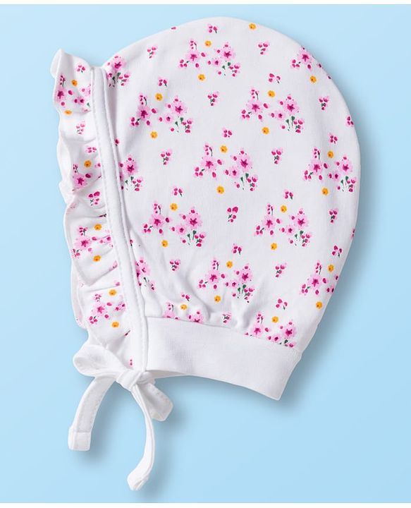 Babyhug 100% Cotton Bonnet Cap with Floral Print & Polka Dot Pack of 2 White & Purple - Diameter 13.75 cm