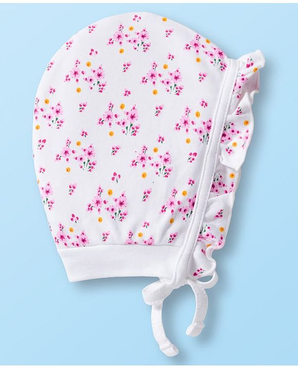 Babyhug 100% Cotton Bonnet Cap with Floral Print & Polka Dot Pack of 2 White & Purple - Diameter 15.75 cm