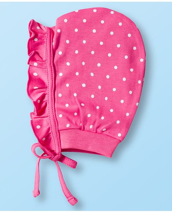 Babyhug 100% Cotton Bonnet Cap with Floral Print & Polka Dot Pack of 2 White & Purple - Diameter 15.75 cm
