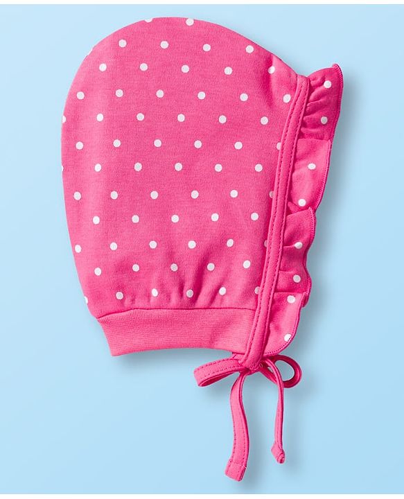 Babyhug 100% Cotton Bonnet Cap with Floral Print & Polka Dot Pack of 2 White & Purple - Diameter 15.75 cm
