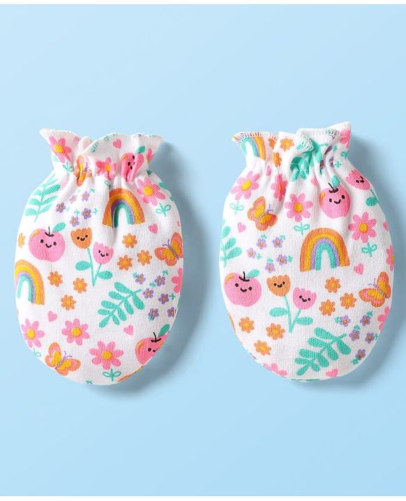 Babyhug 100% Cotton Interlock Knit Cap Mittens Booties With Floral Print White - Diameter 9 cm