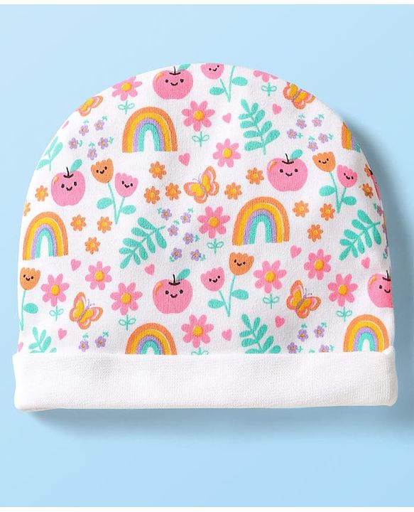 Babyhug 100% Cotton Interlock Knit Cap Mittens Booties With Floral Print White - Diameter 9 cm