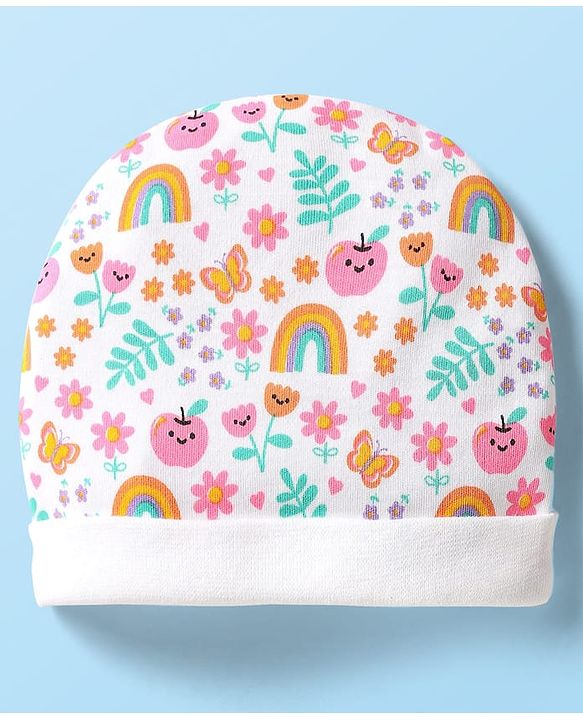 Babyhug 100% Cotton Interlock Knit Cap Mittens Booties With Floral Print White - Diameter 9 cm