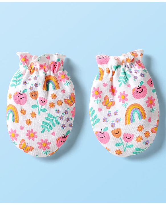 Babyhug 100% Cotton Interlock Knit Cap Mittens Booties With Floral Print White - Diameter 9 cm