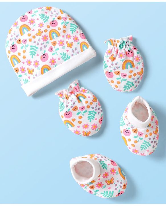 Babyhug 100% Cotton Interlock Knit Cap Mittens Booties With Floral Print White - Diameter 9 cm