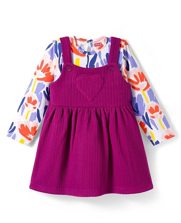 Babyhug Cotton Knit Full Sleeves Frock & Inner T-Shirt With Floral Print - Wine & White