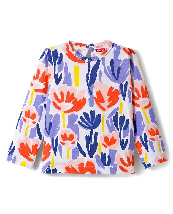 Babyhug Cotton Knit Full Sleeves Frock & Inner T-Shirt With Floral Print - Wine & White