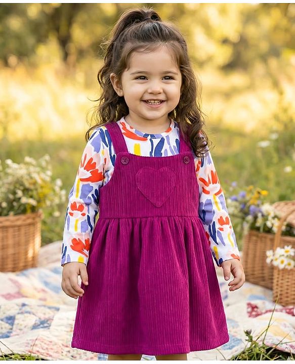 Babyhug Cotton Knit Full Sleeves Frock & Inner T-Shirt With Floral Print - Wine & White