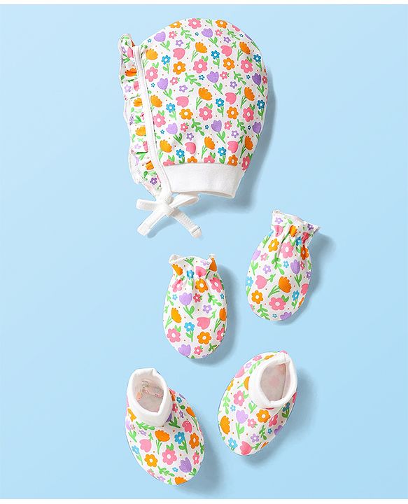 Babyhug 100% Cotton Knit Cap Mittens & Booties Set with Floral Print White - Circumference 32 cm