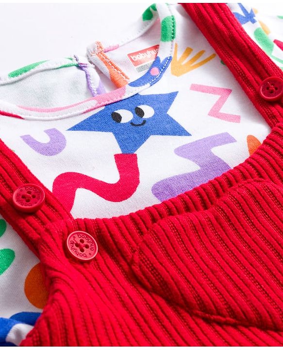 Babyhug Cotton Knit Full Sleeves Inner Tee & Frock With Floral & Star Print - Red & White